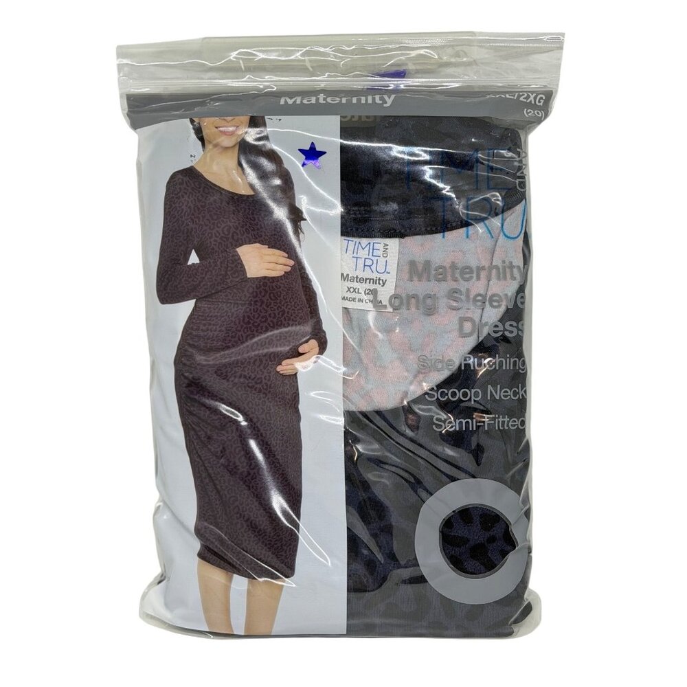 NEW Time and Tru Maternity LS Dress 2XL 20 Navy Blue Leopard Print Semi-Fitted